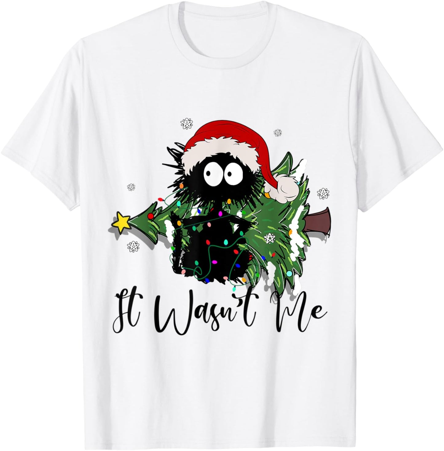 Santa's black cat gets tangled up in Christmas lights T-Shirt - T-Shirt | White