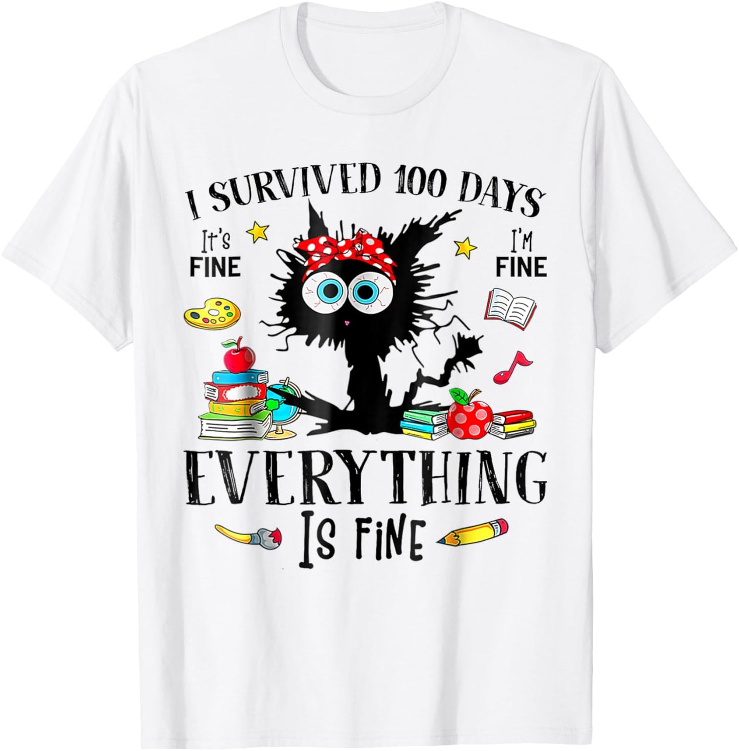 I Survived 100 Days Of School Teacher & Kids Funny Cat T-Shirt - T-Shirt | White