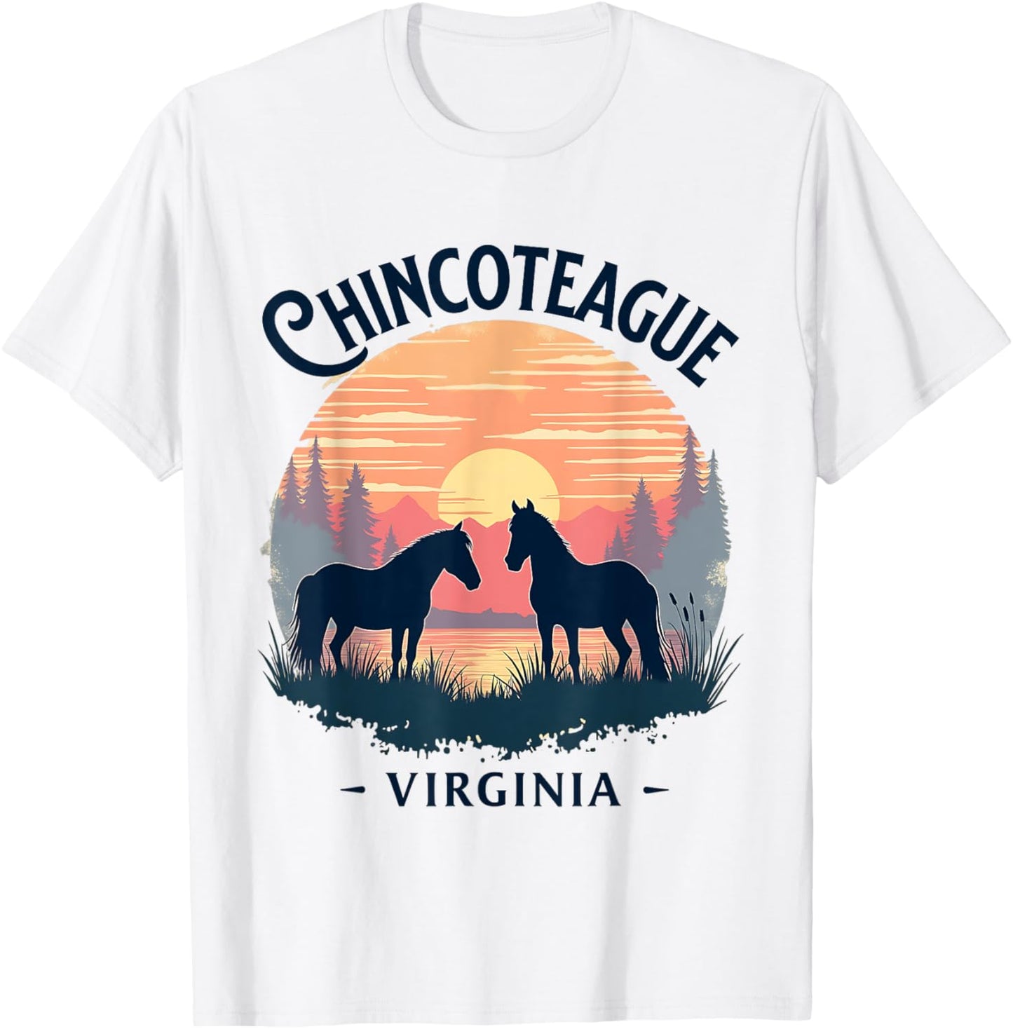 Chincoteague Virginia Scenic Sunset Horse Design T-Shirt - T-Shirt | White