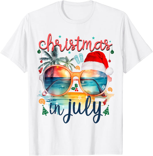 Sunglasses Christmas in July Santa Hat Summer Vacation cute Women Kids T-Shirt - T-Shirt | White