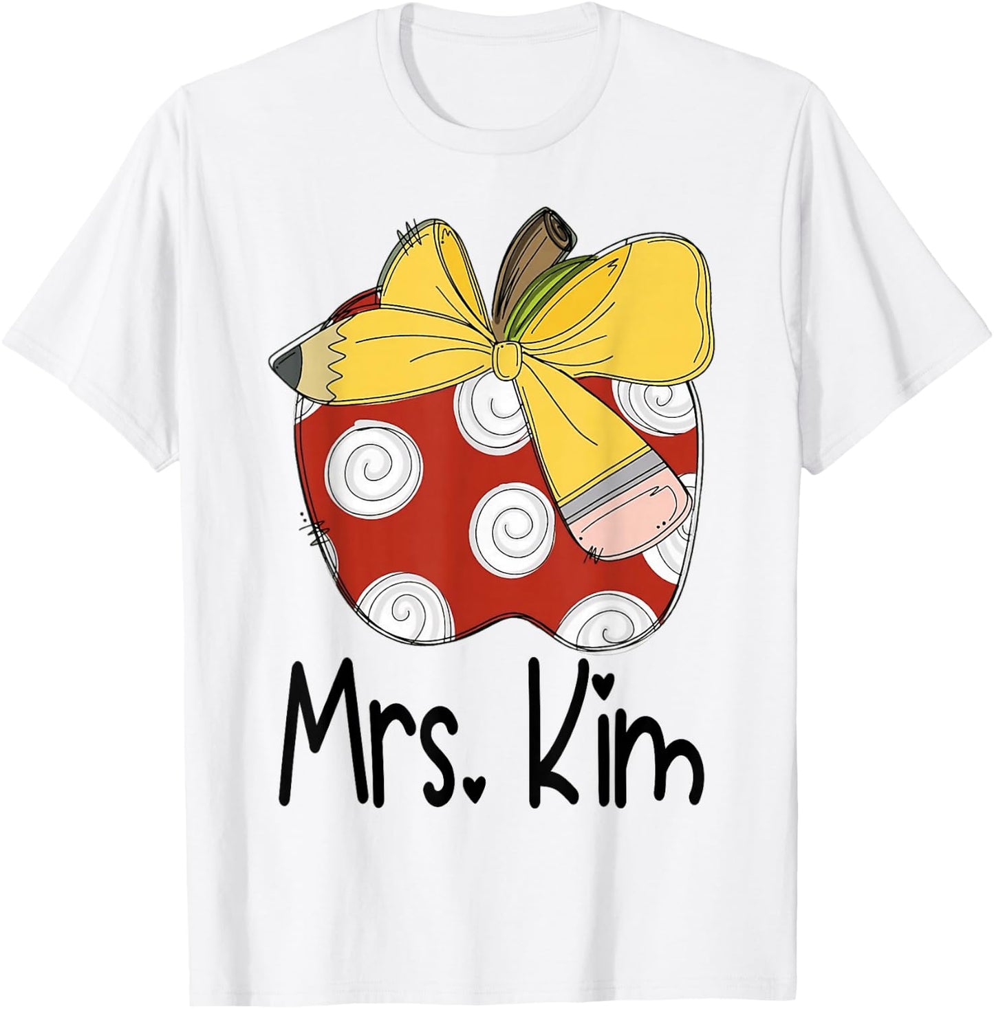 Mrs. Kim Apple Pencil Bow Teacher Graphic Design T-Shirt - T-Shirt | White