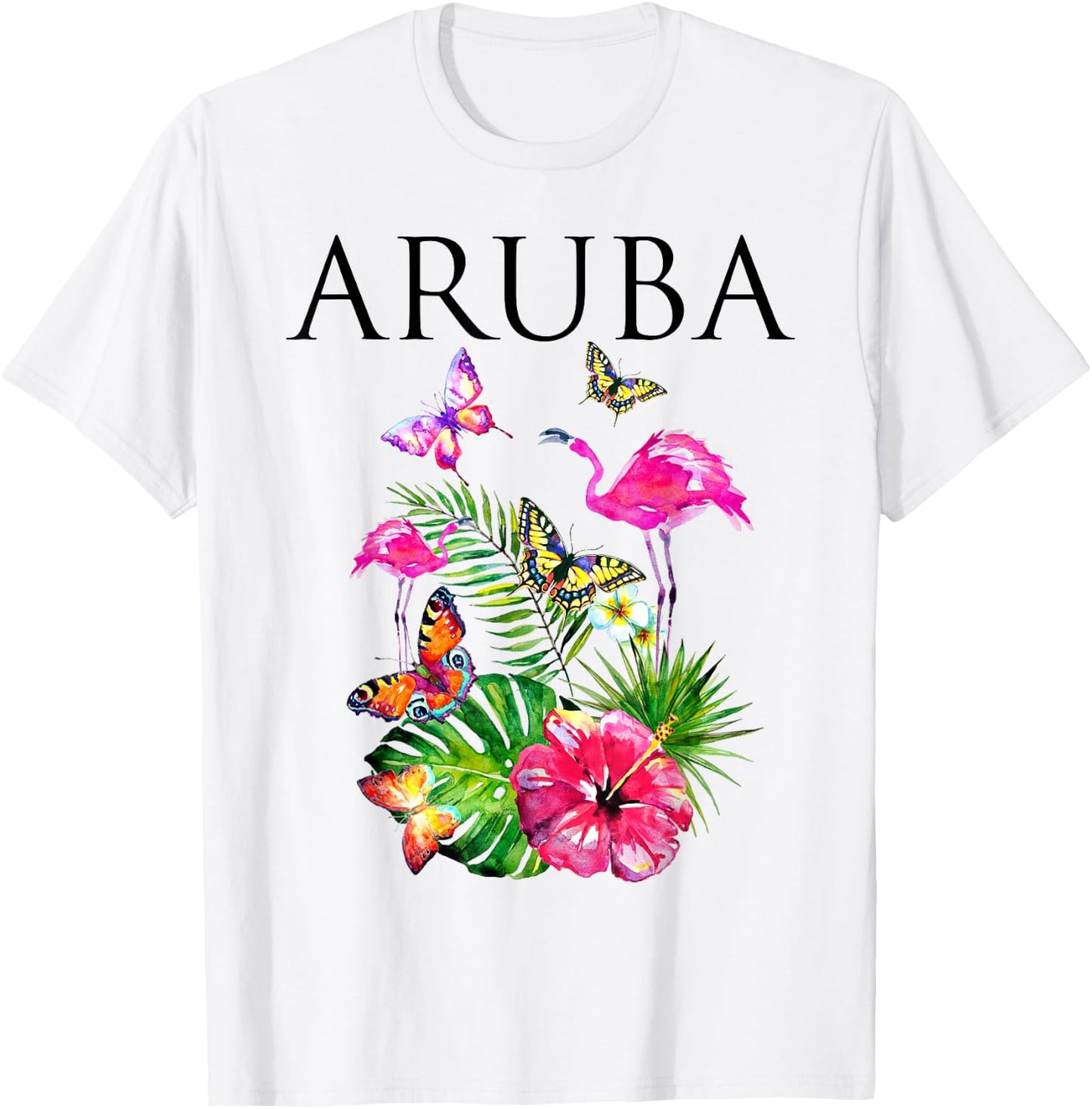 Aruba Flowers Paradise Butterflies Hawaii Print T-Shirt - T-Shirt | White