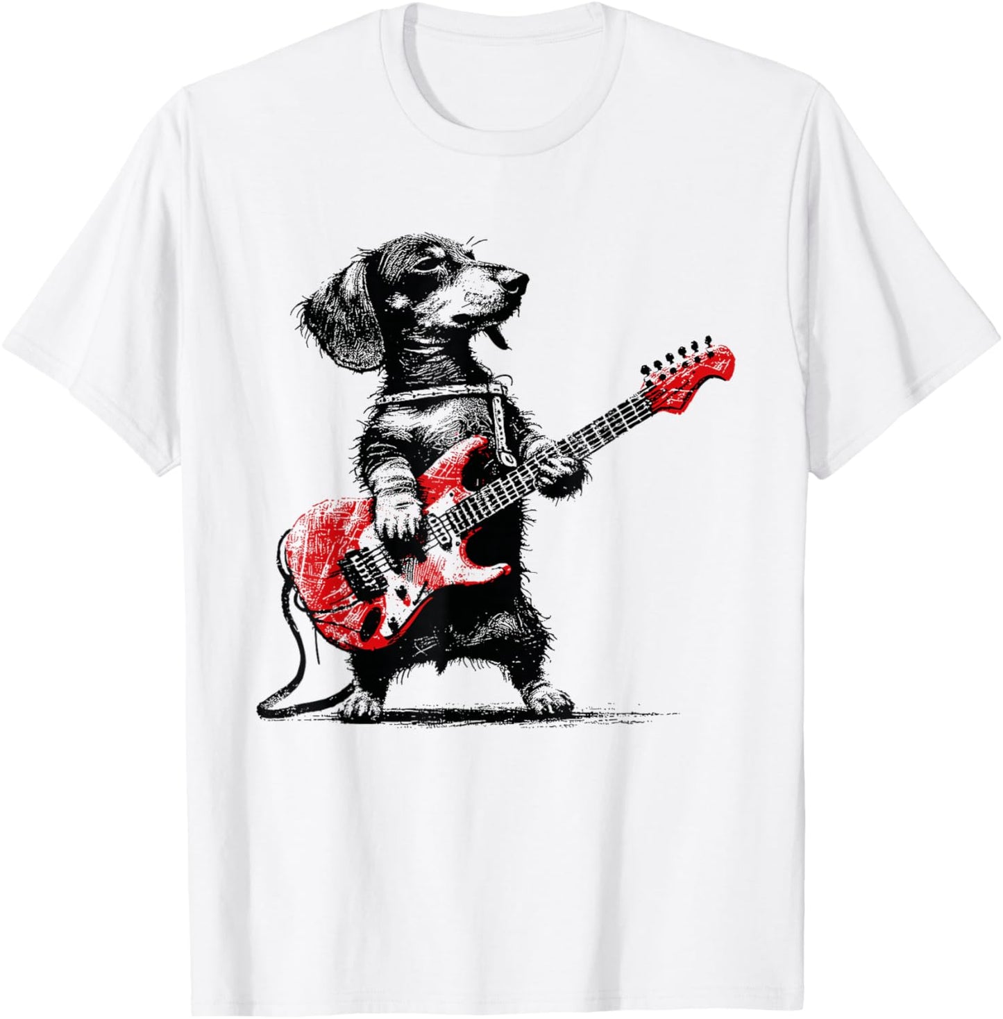 Rock Guitar Dog Vintage Dachshund Musician Cool Animal Art T-Shirt - T-Shirt | White