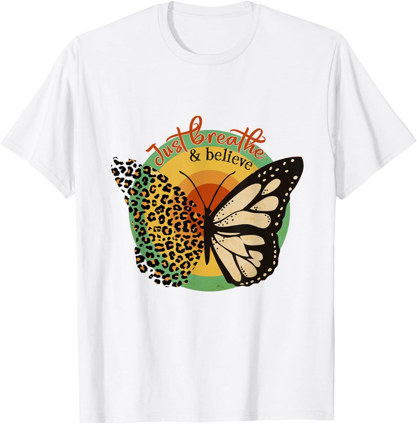 Just Breathe & Believe Keep Calm Leopard Print Butterfly T-Shirt - T-Shirt | White