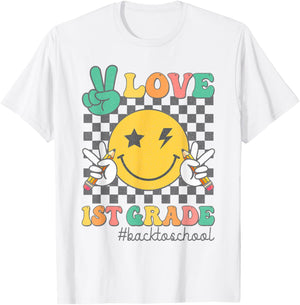 Peace Love 1st Grade Smile Face Back To School First Grade T-Shirt - T-Shirt | White