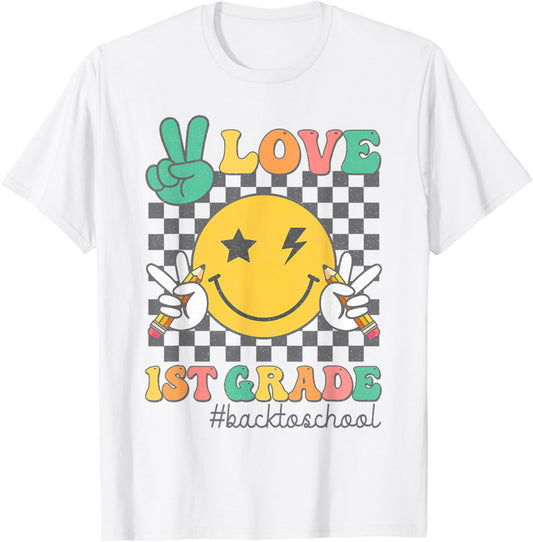 Peace Love 1st Grade Smile Face Back To School First Grade T-Shirt - T-Shirt | White