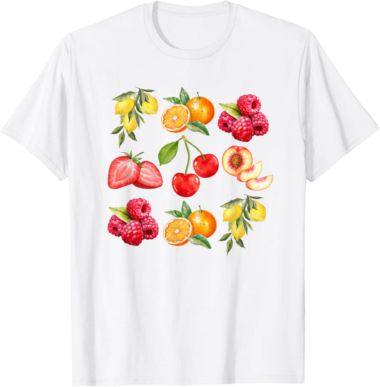 Cottagecore Watercolor Fruit Peaches Cherries Strawberries T-Shirt - T-Shirt | White
