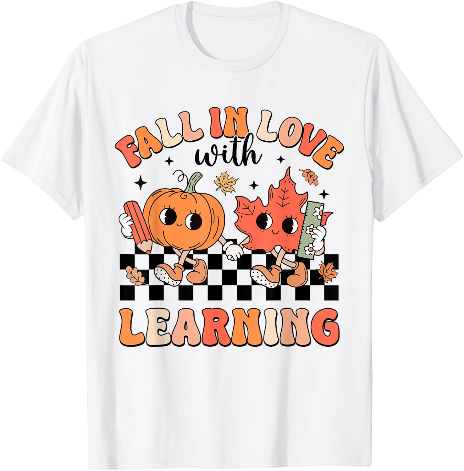 Retro Fall In Love With Learning Autumn Pumpkin Teacher T-Shirt - T-Shirt | White