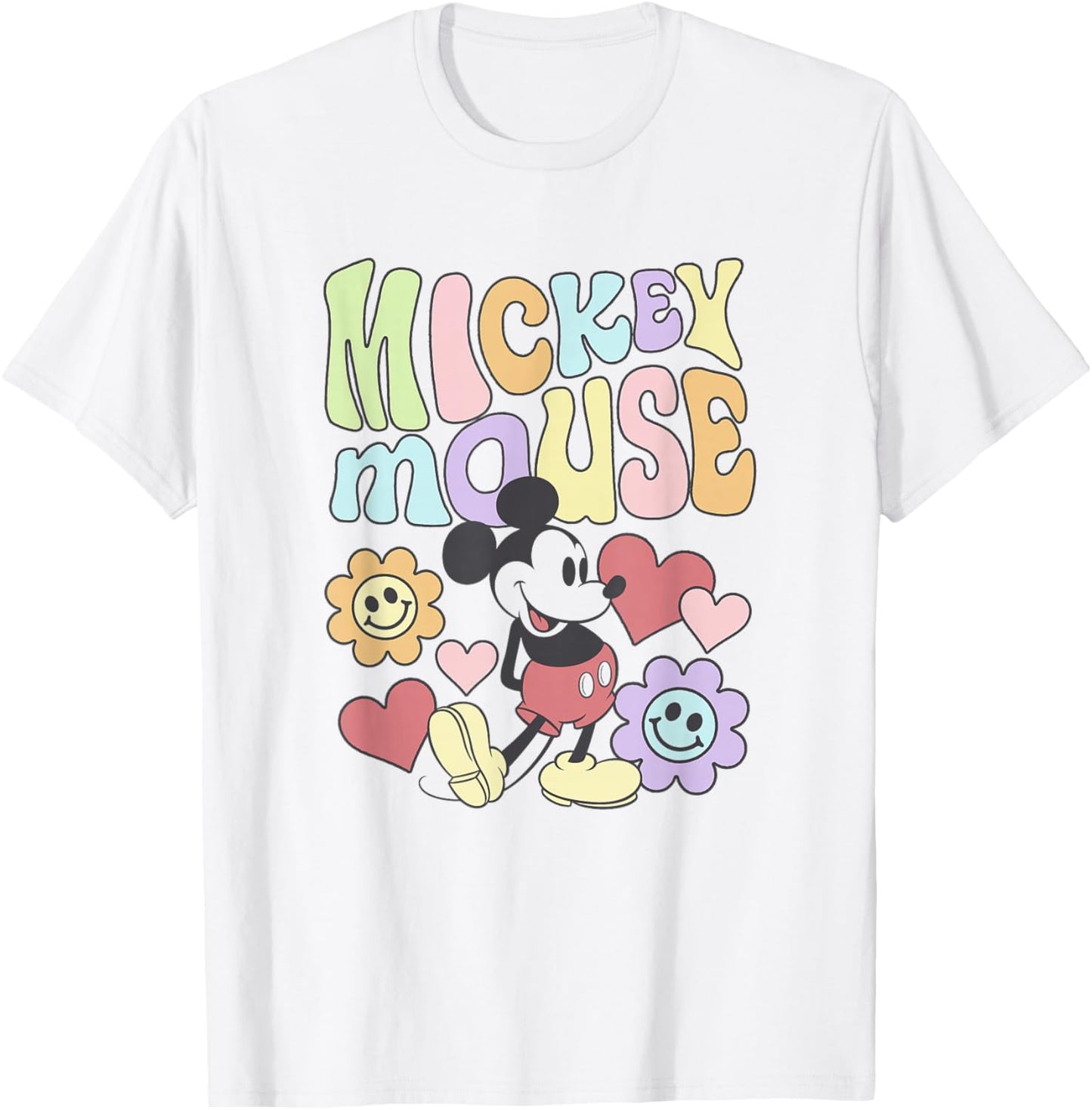 Disney Mickey and Friends Groovy 70's Retro Floral Text Icon T-Shirt - T-Shirt | White