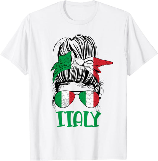 Italian Girl Messy Bun Flag Italy Proud Woman Kids Italia T-Shirt - T-Shirt | White