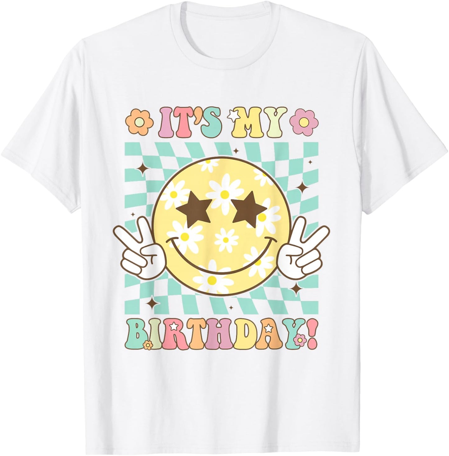 Groovy It's My Birthday Women Teens Girls Retro Smile Face T-Shirt - T-Shirt | White