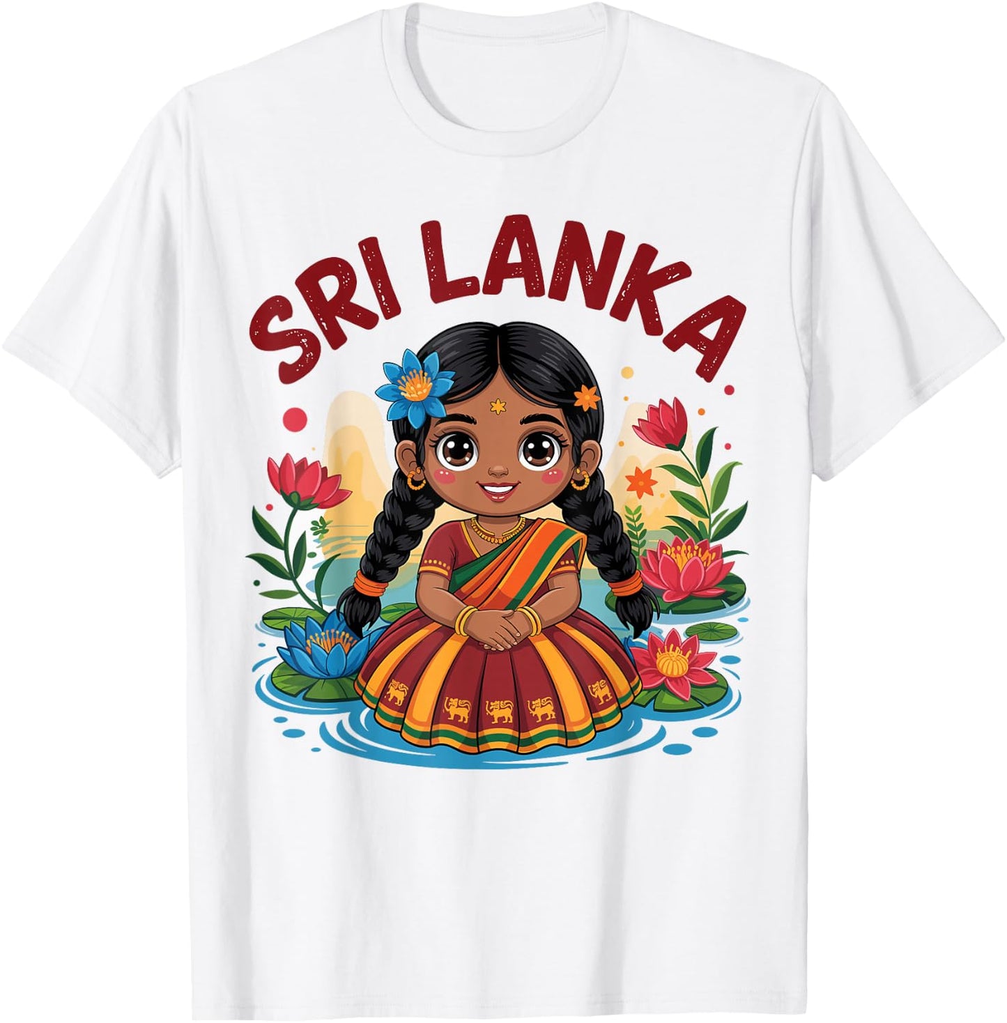 Sri Lankan Girl in Traditional Dress with Lotus Flowers Kids T-Shirt - T-Shirt | White