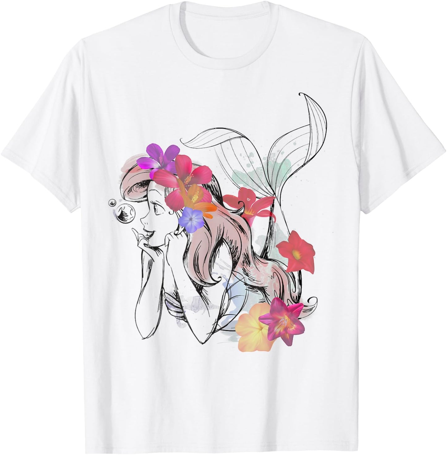 Disney The Little Mermaid Floral Watercolor Outline T-Shirt - T-Shirt | White