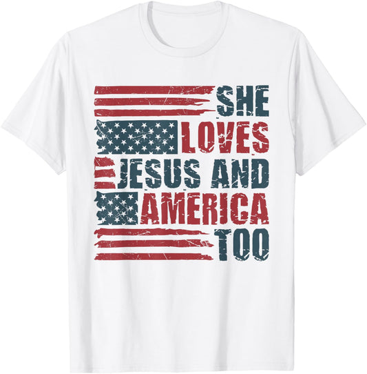 She Loves Jesus And America Too 4th Of July Patriotic Retro T-Shirt - T-Shirt | White
