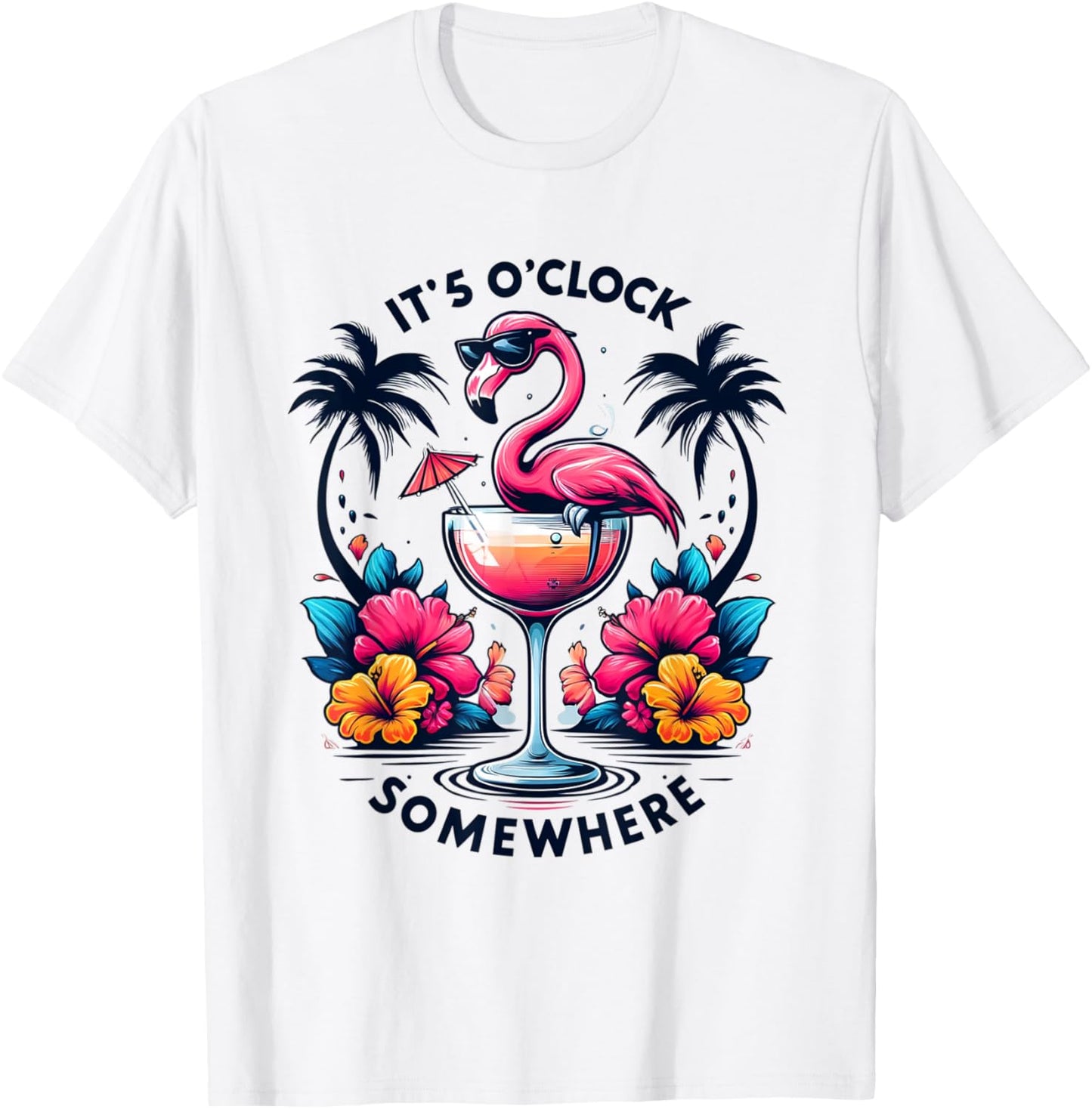 It's 5 O'Clock Somewhere Flamingo Beach Vacation Drinking Women T-Shirt - T-Shirt | White