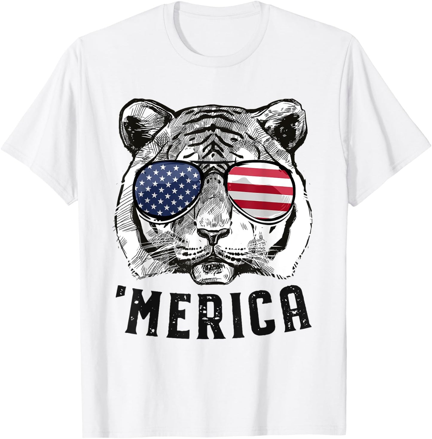 Tiger American Flag 4th of July Merica Sunglasses T-Shirt - T-Shirt | White