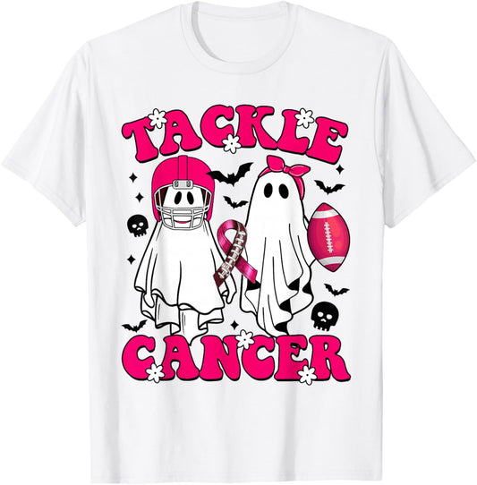 Tackle Breast Cancer Football Funny Ghost Pink Halloween T-Shirt - T-Shirt | White