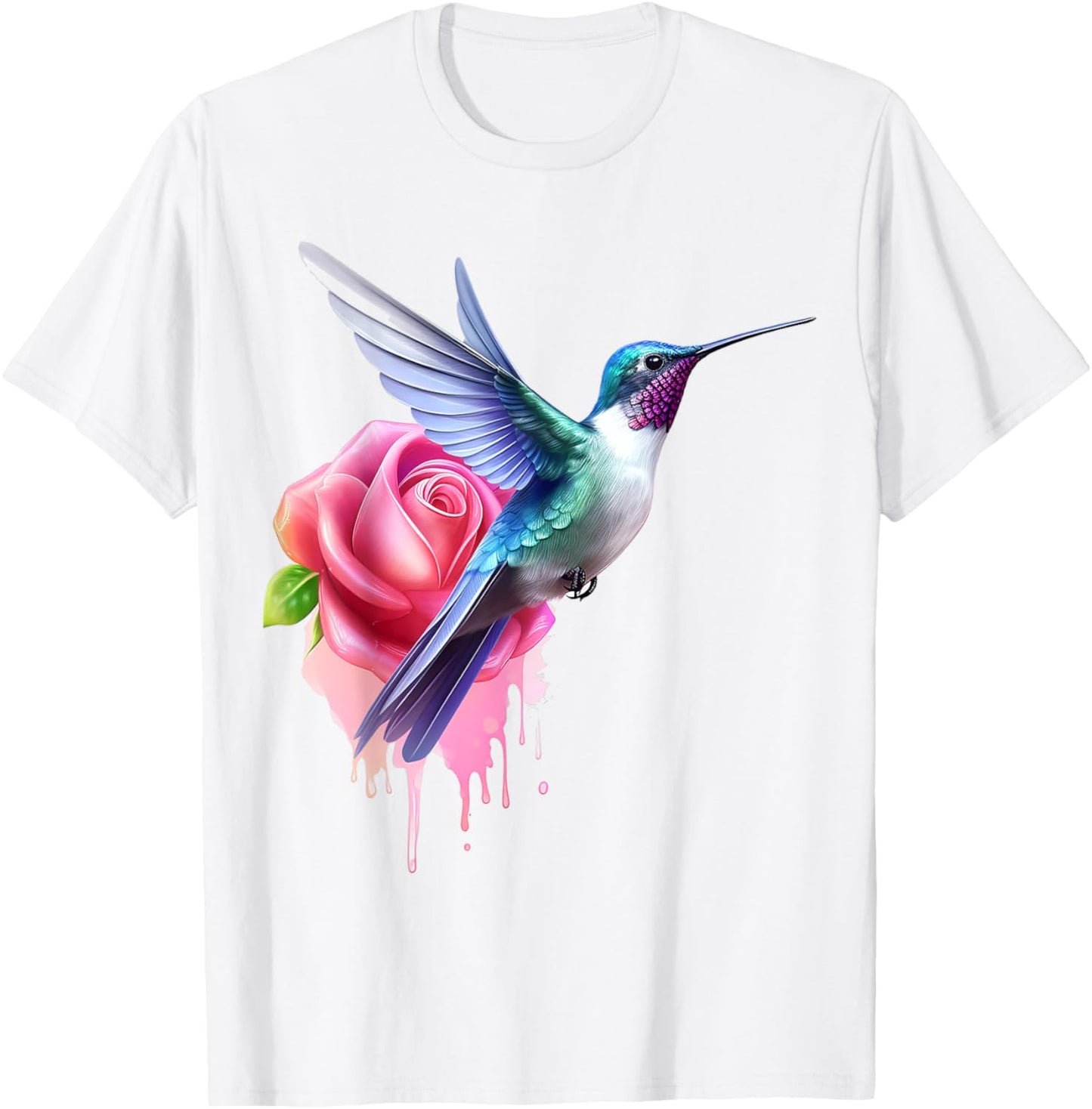 Hummingbird Art Rose Animal Colorful Graphic Hummingbird T-Shirt - T-Shirt | White