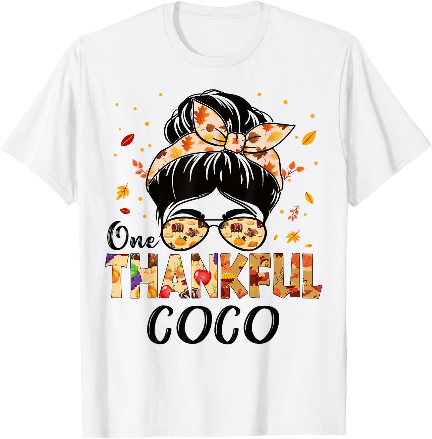 Coco One Thankful Messy Bun Grandma Thanksgiving Fall Autumn T-Shirt - T-Shirt | White