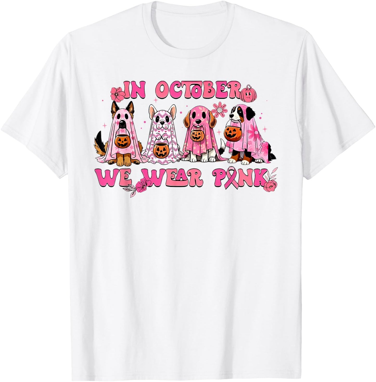 In October We Wear Pink Dog Ghost Breast Cancer Awareness T-Shirt - T-Shirt | White