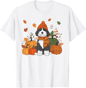 Bernedoodle Thanksgiving Leopard Pumpkins Fall Leaves Lover T-Shirt - T-Shirt | White