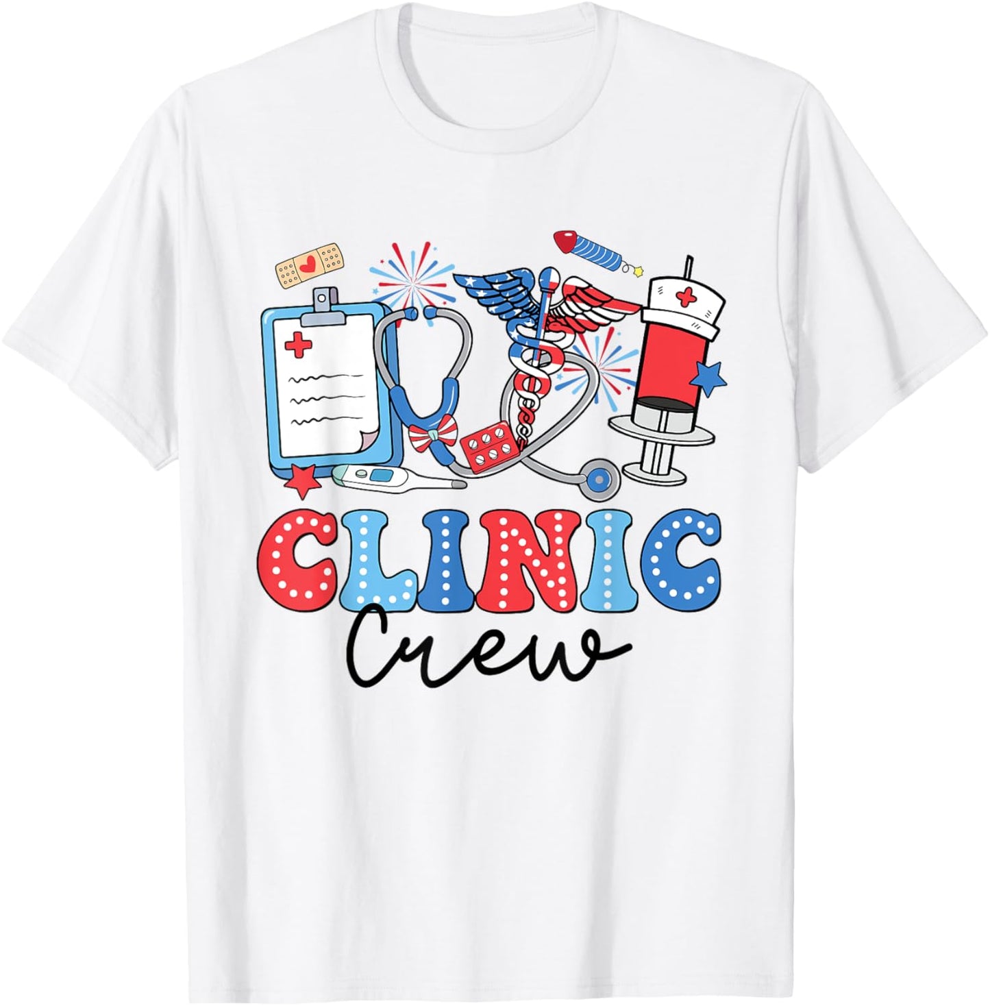 Retro Clinic Crew American Flag Fireworks Nurse 4th Of July T-Shirt - T-Shirt | White