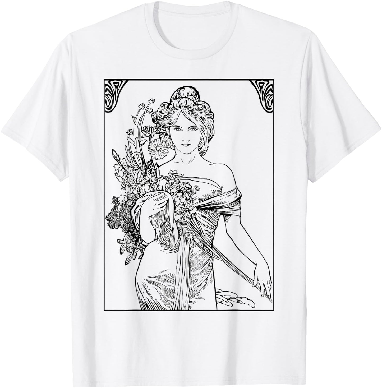 Art Nouveau Girl Holding Wild Flowers T-Shirt - T-Shirt | White