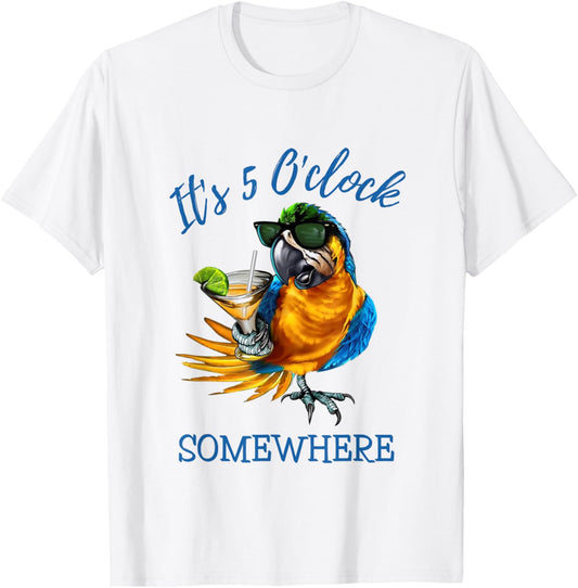 It's 5 O'clock Somewhere Drinking Parrot T-Shirt - T-Shirt | White