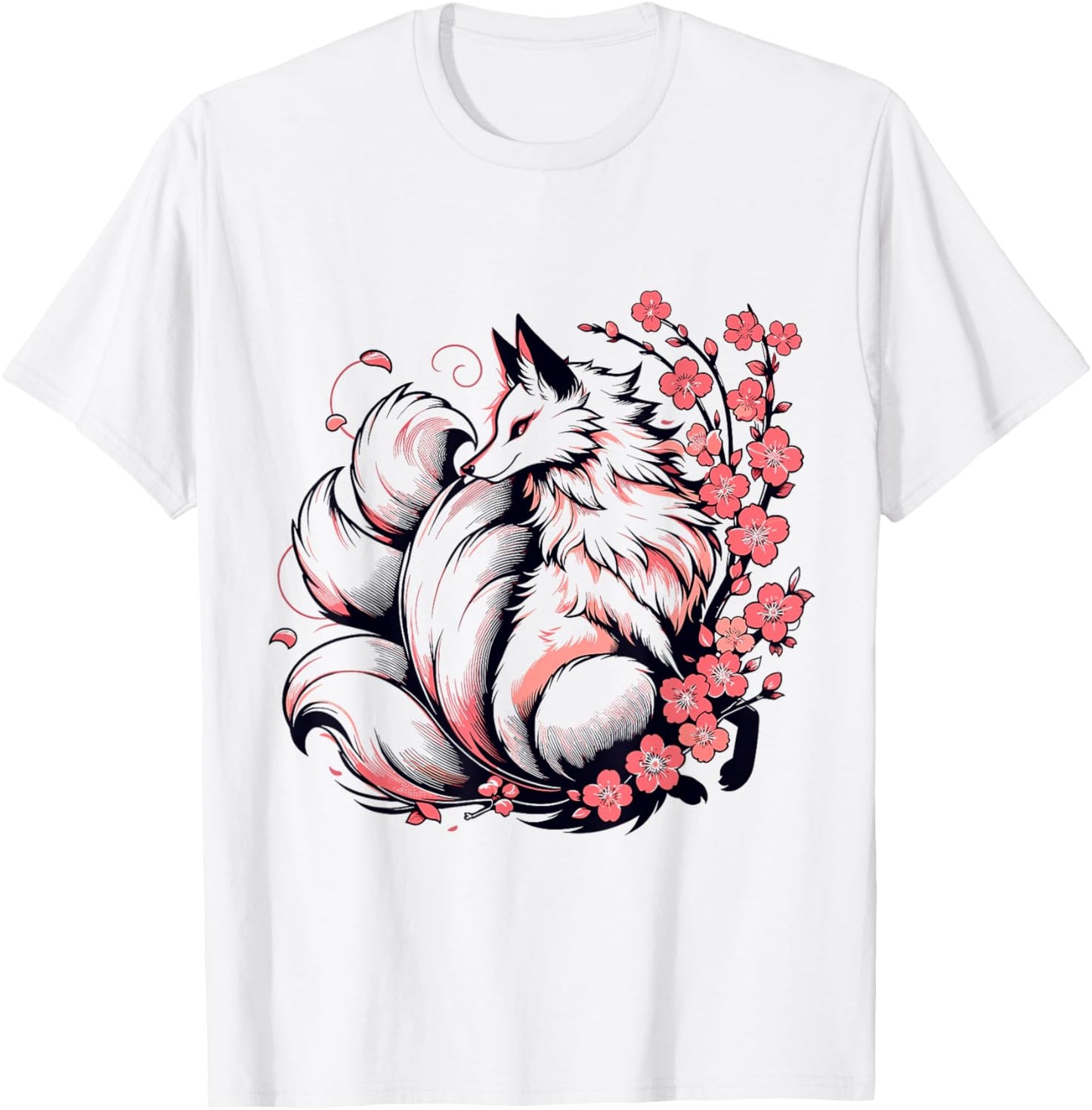 Retro Japanese Kitsune Nine Tailed Fox Cherry Blossom Anime T-Shirt - T-Shirt | White