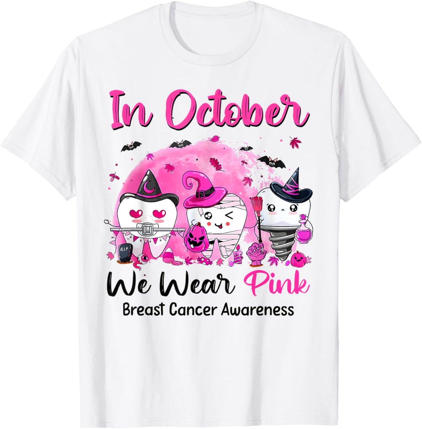 In October we Wear Pink Breast Cancer Leopard Dentist Dental T-Shirt - T-Shirt | White