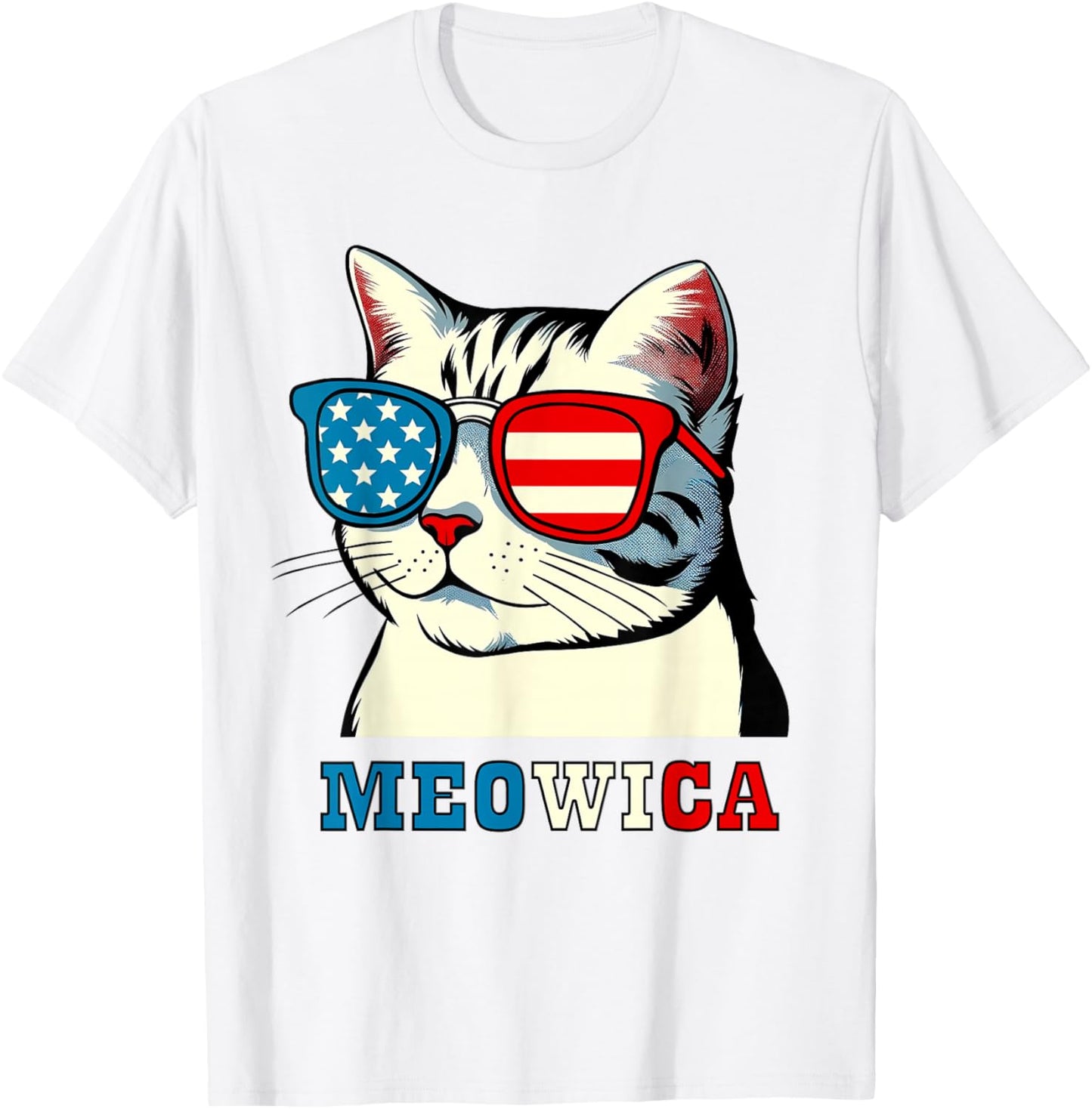 Meowica 4th of July Cat Sunglasses American USA Flag Cat T-Shirt - T-Shirt | White