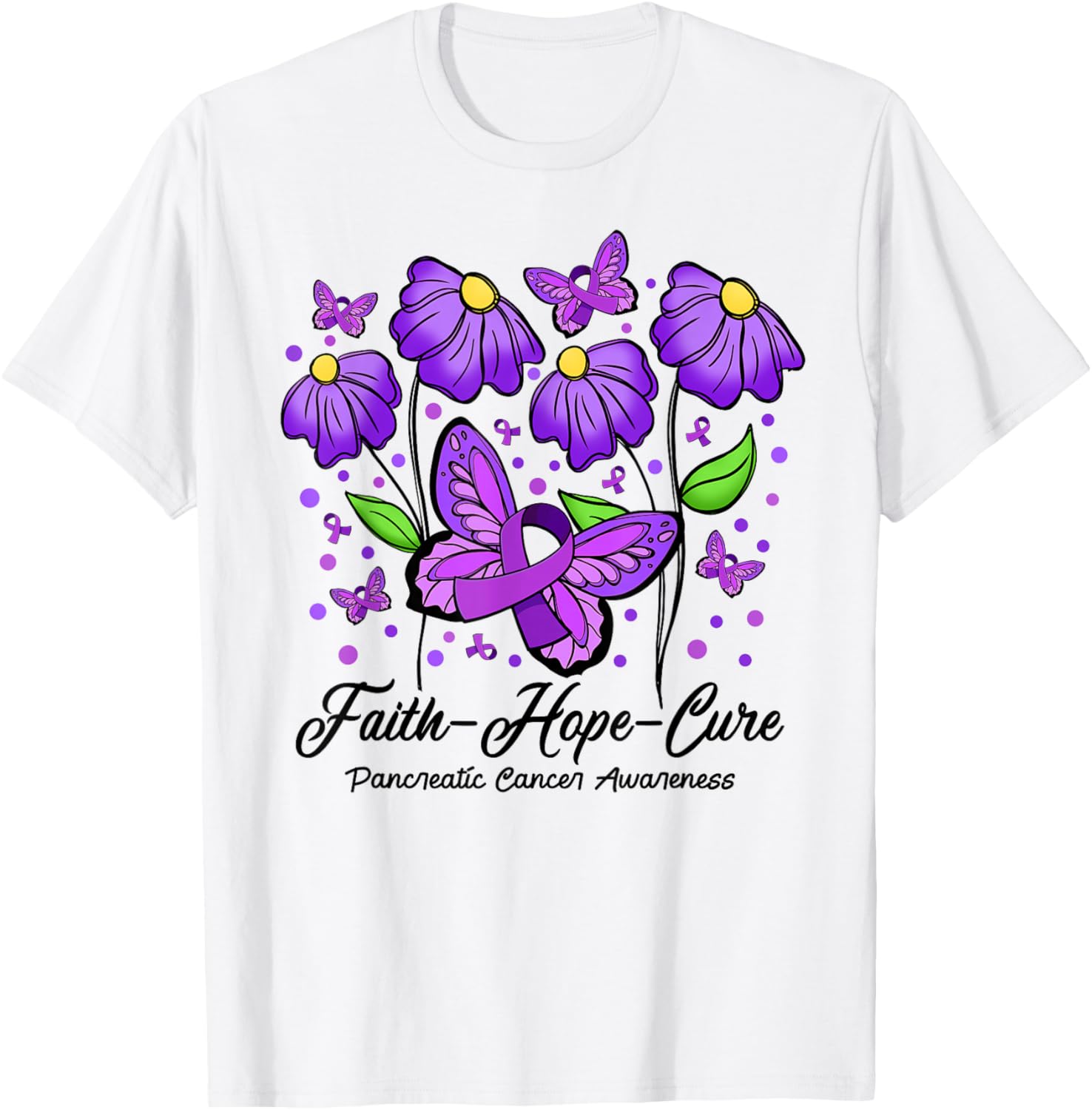 Faith Hope Cure Flower Butterfly Pancreatic Cancer T-Shirt - T-Shirt | White