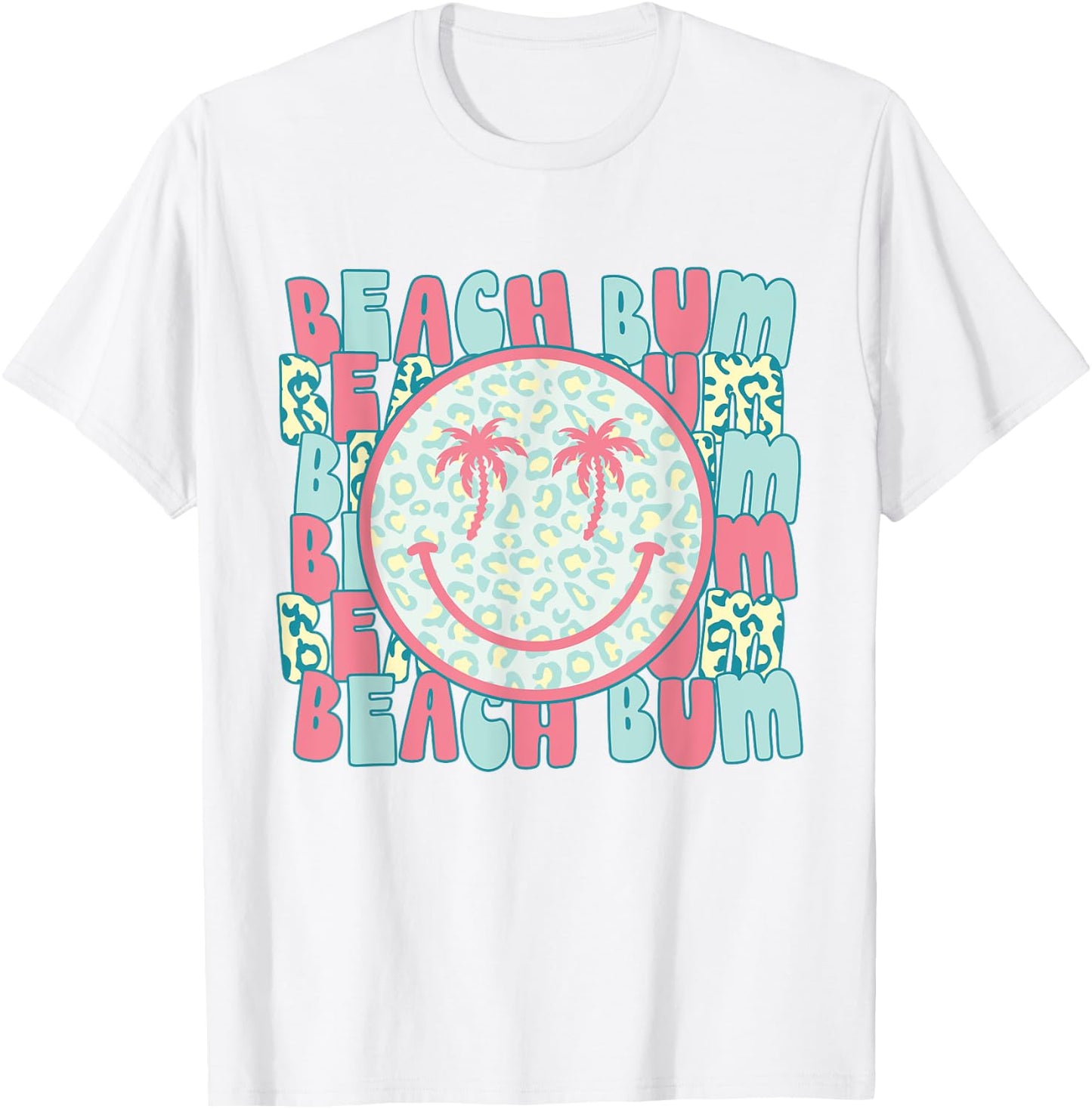Retro Leopard Happy Face Palm Tree Eyes Beach Bum Smile Face T-Shirt - T-Shirt | White