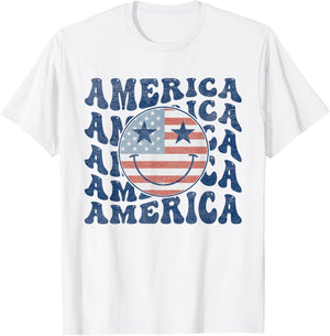 Retro Groovy America USA Smile Face Patriotic 4th of July T-Shirt - T-Shirt | White