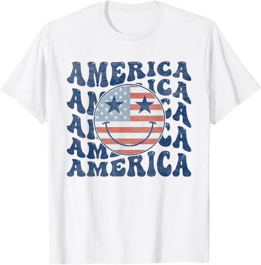 Retro Groovy America USA Smile Face Patriotic 4th of July T-Shirt - T-Shirt | White