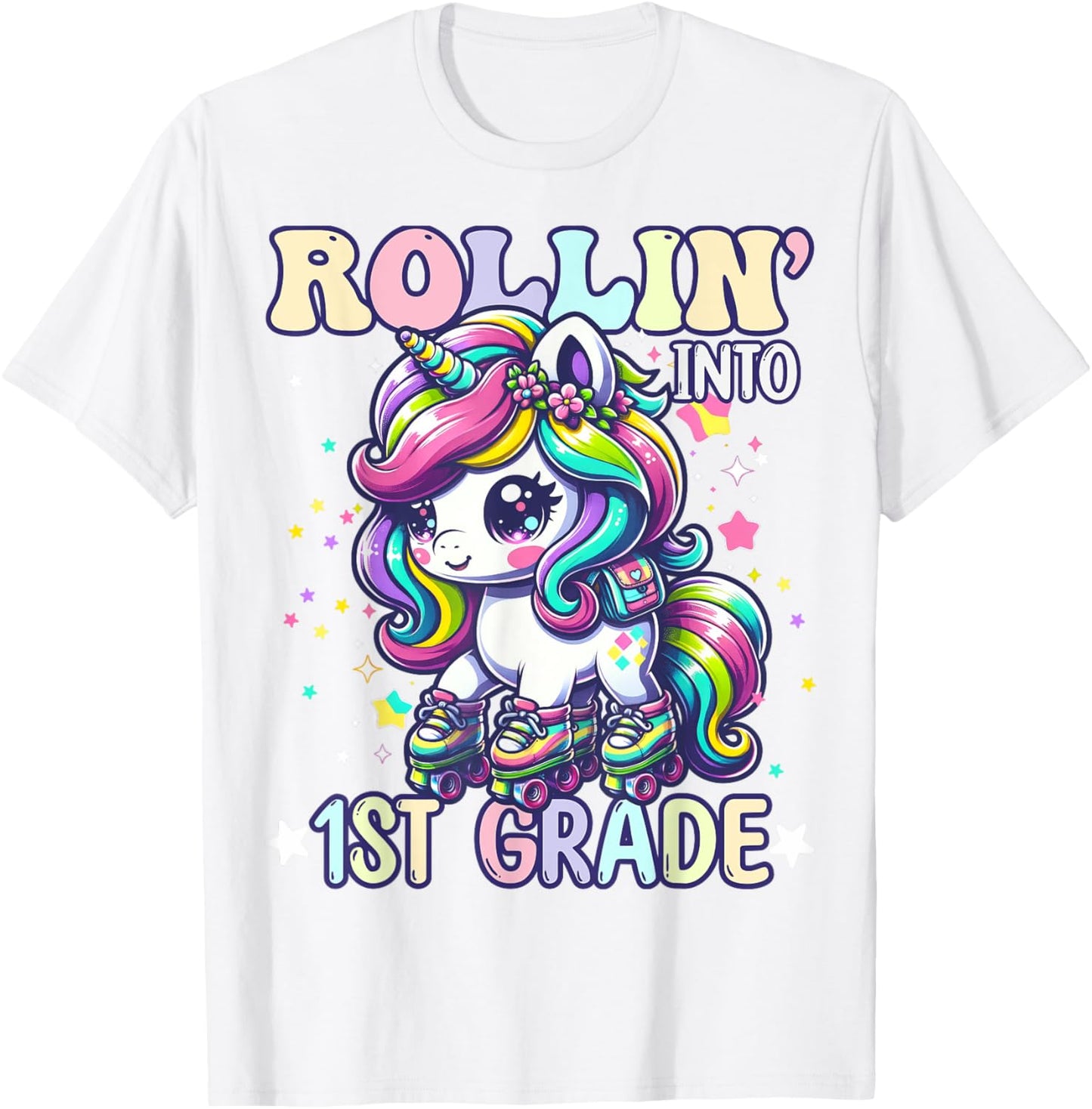 1st Grade Back To School First Day Girls Rollin Unicorn T-Shirt - T-Shirt | White