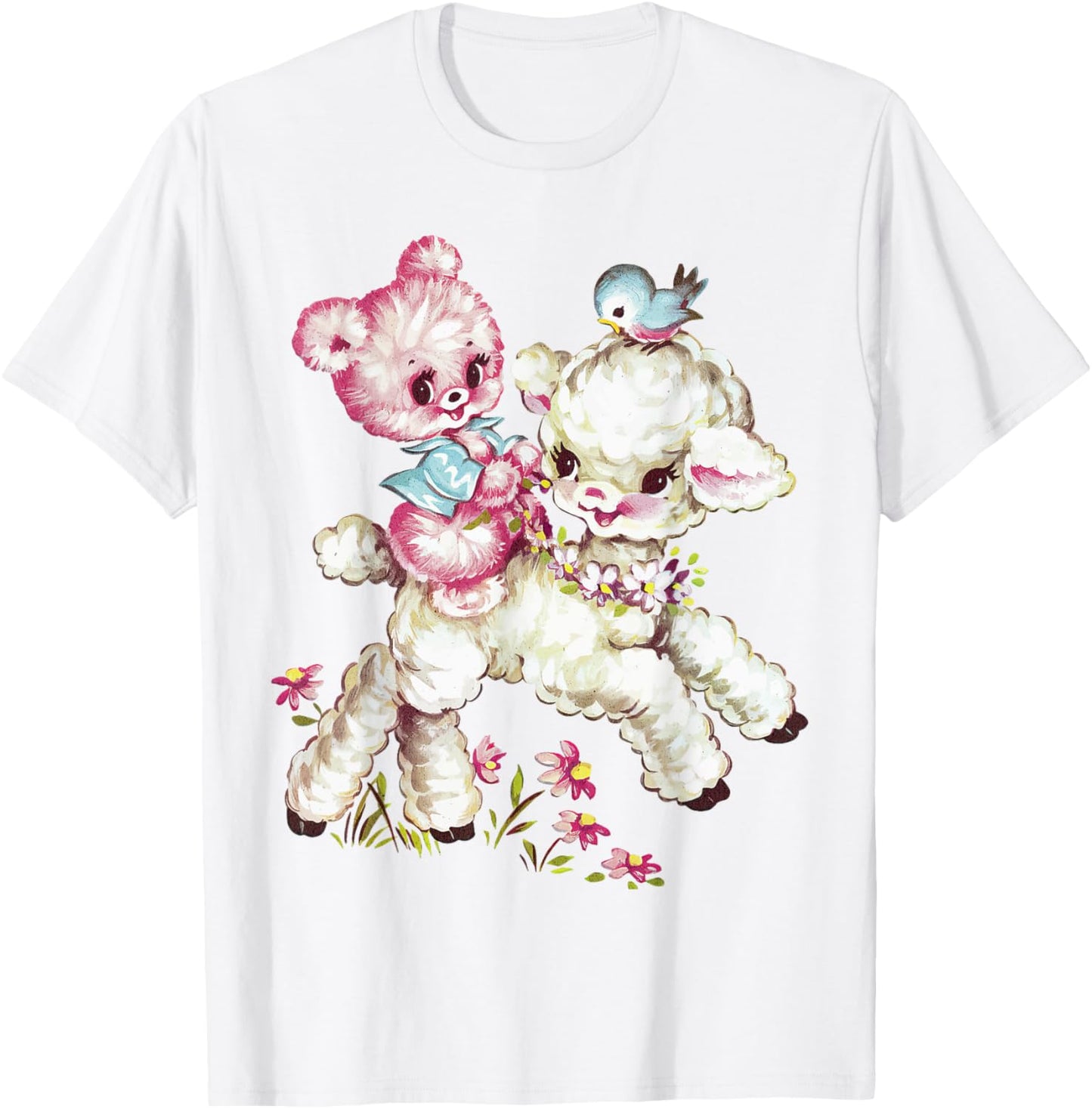 Vintage Easter Cute Lamb Bear Spring Flowers Retro Vintage T-Shirt - T-Shirt | White