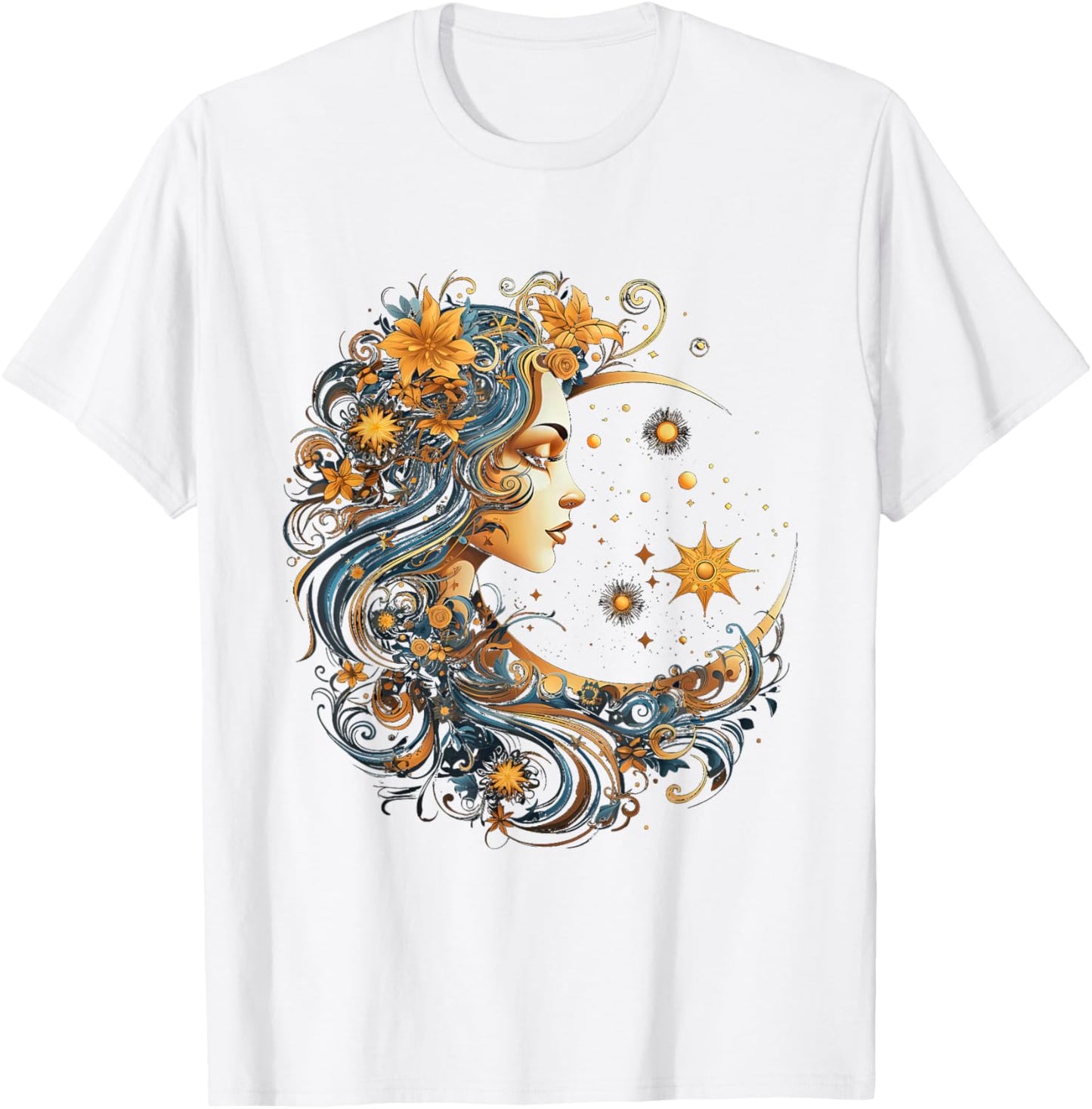 Mystical Sun and Moon with Woman Mystical Flowers Aesthetic T-Shirt - T-Shirt | White