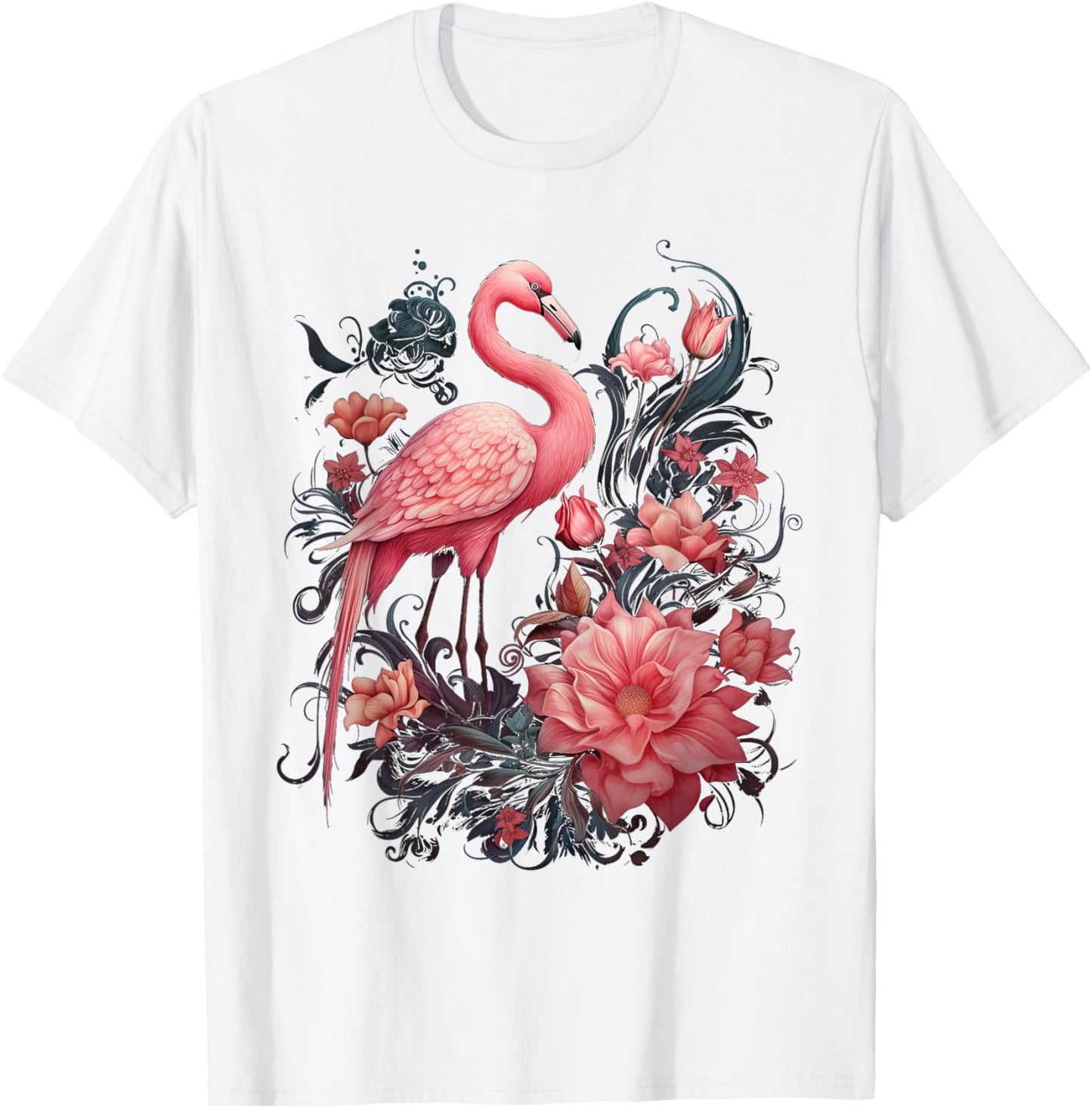 Flamingo and Flowers Floral Flamingos pink T-Shirt - T-Shirt | White