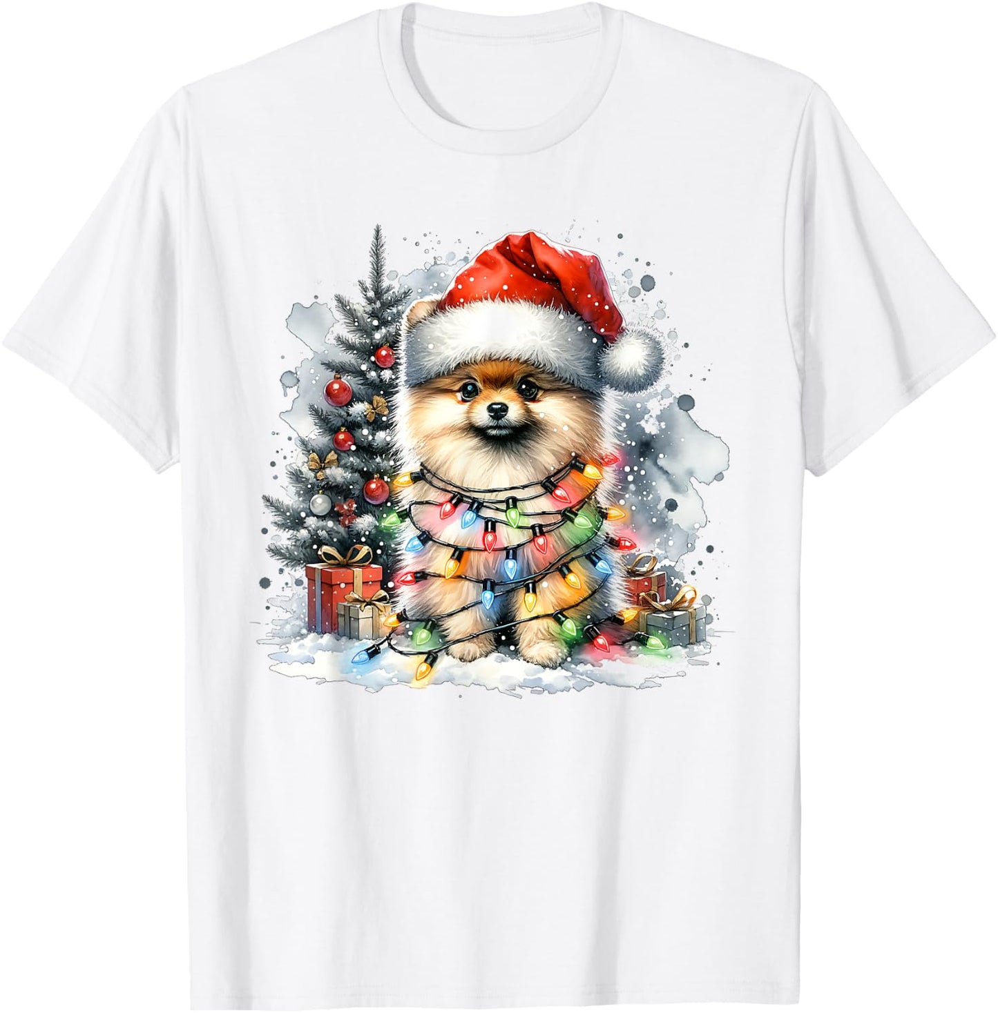 Funny Cute Santa Pomeranian Dog Tangled In Christmas Lights T-Shirt - T-Shirt | White