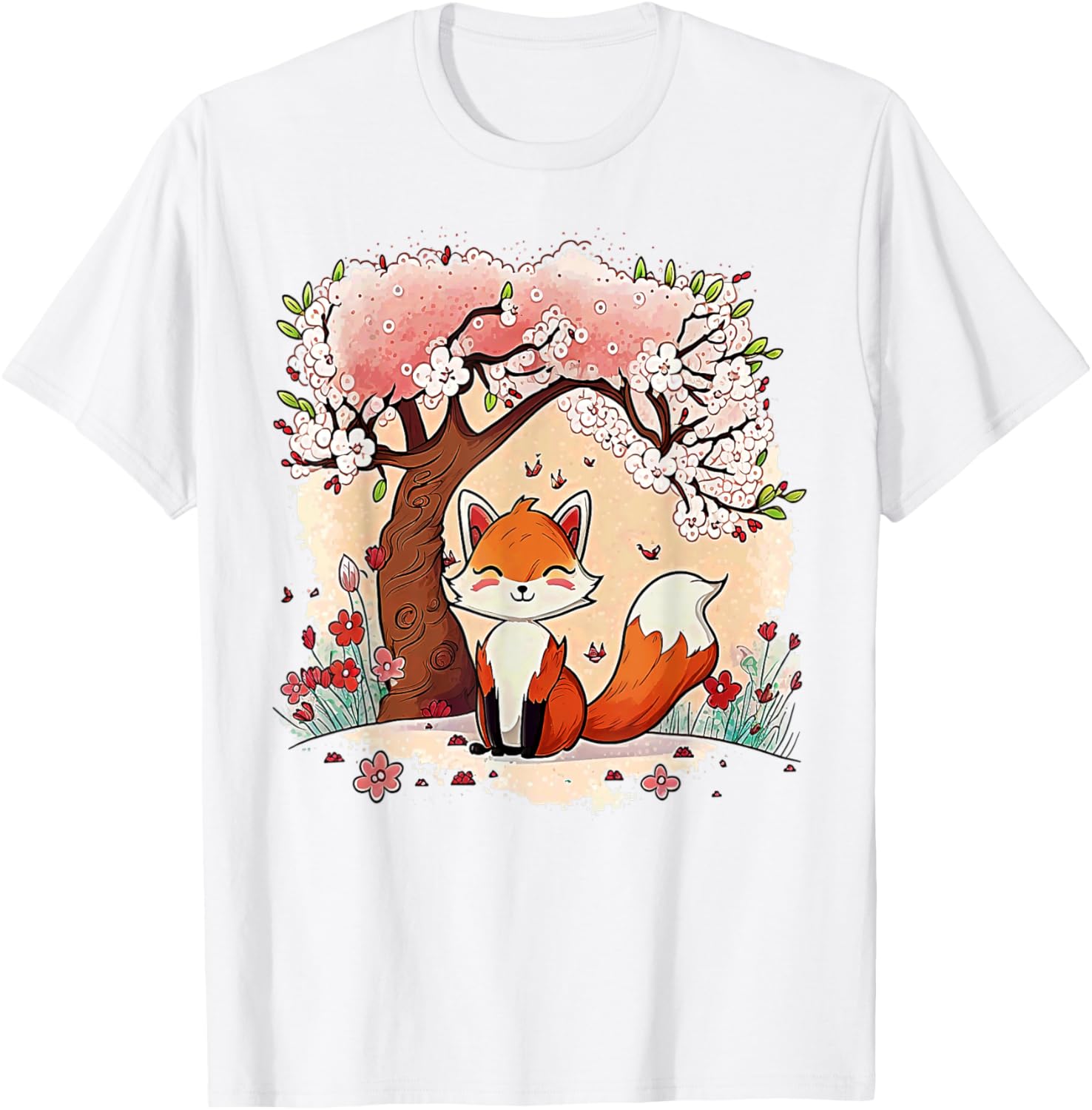 Fox Japanese Aesthetic Cherry Blossom Anime Pink Vaporwave T-Shirt - T-Shirt | White