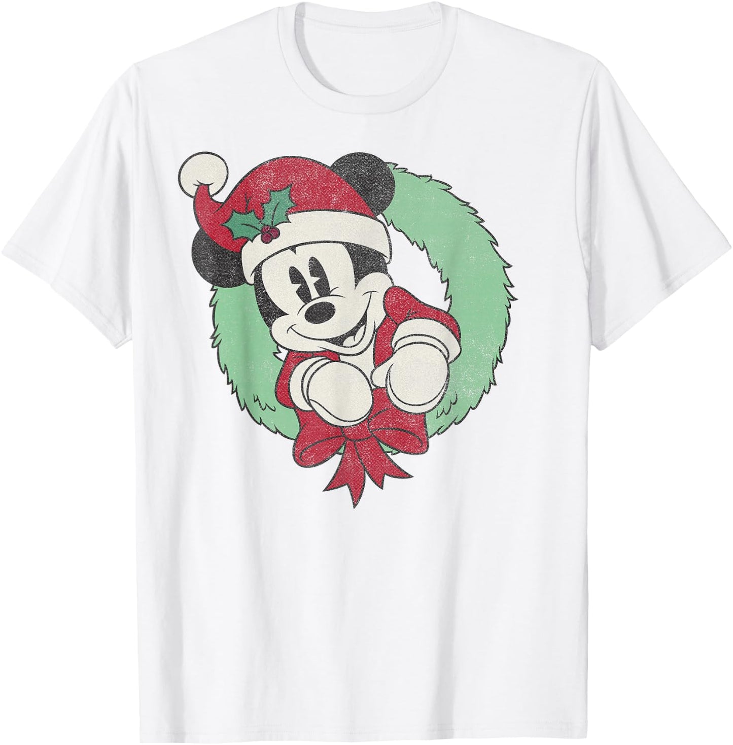Disney Mickey Mouse Christmas Wreath Santa Hat Portrait T-Shirt - T-Shirt | White