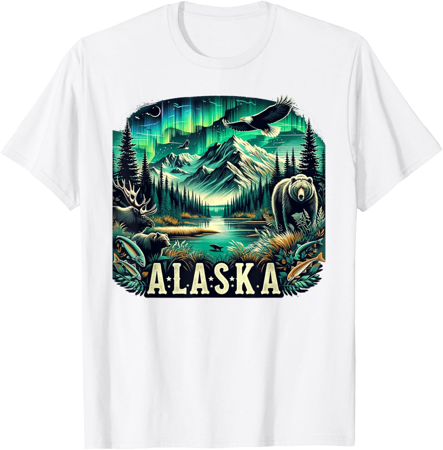 Borough & Bridge Alaska Wildlife Inspired , Small, Blue T-Shirt - T-Shirt | White