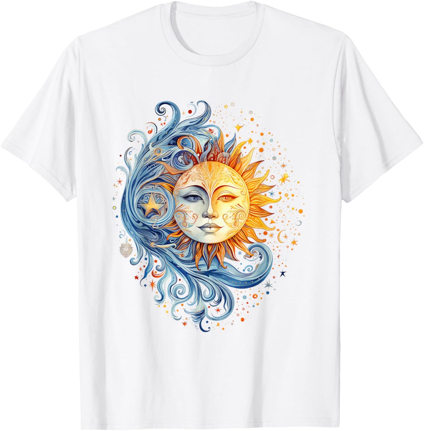 Mystical Sun and Moon with Woman Mystical Flowers Aesthetic T-Shirt - T-Shirt | White