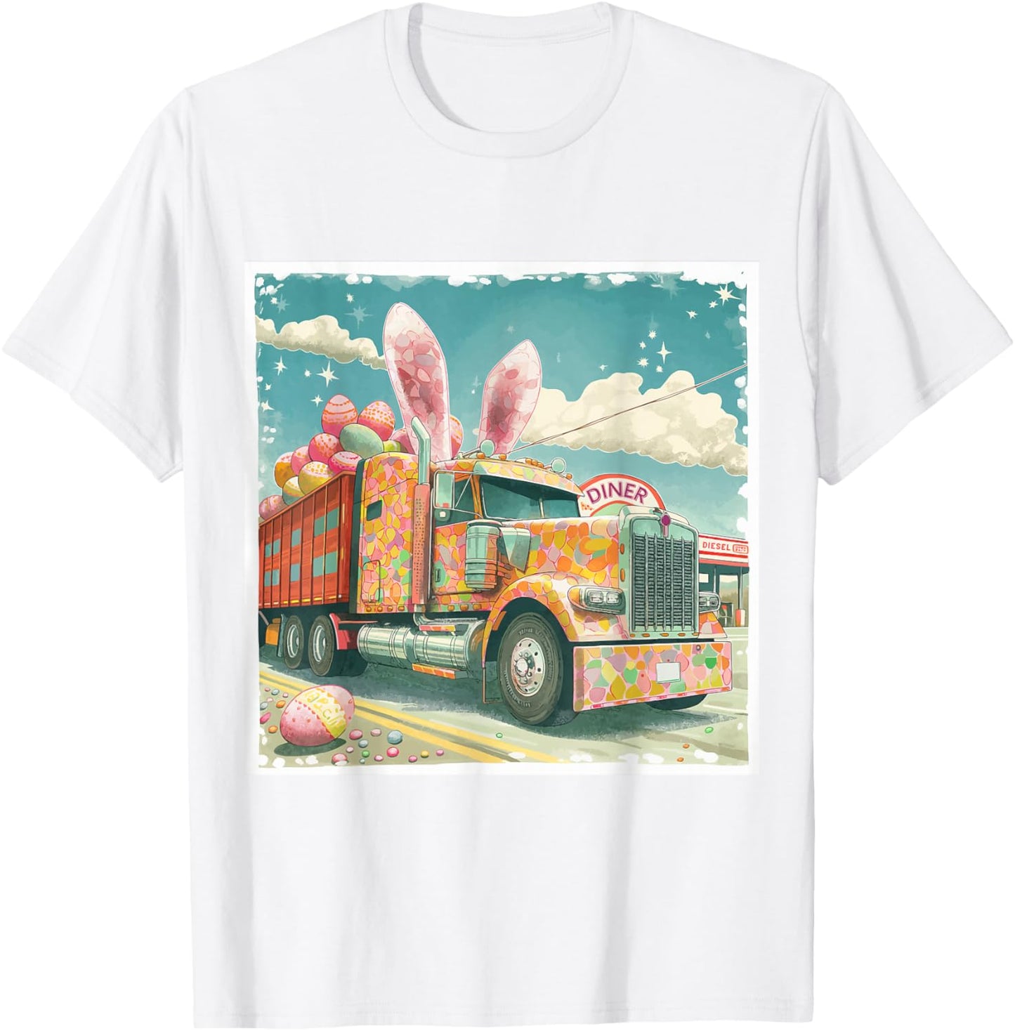 Semi Truck Lover's Easter Bunny, Retro Art T-Shirt - T-Shirt | White