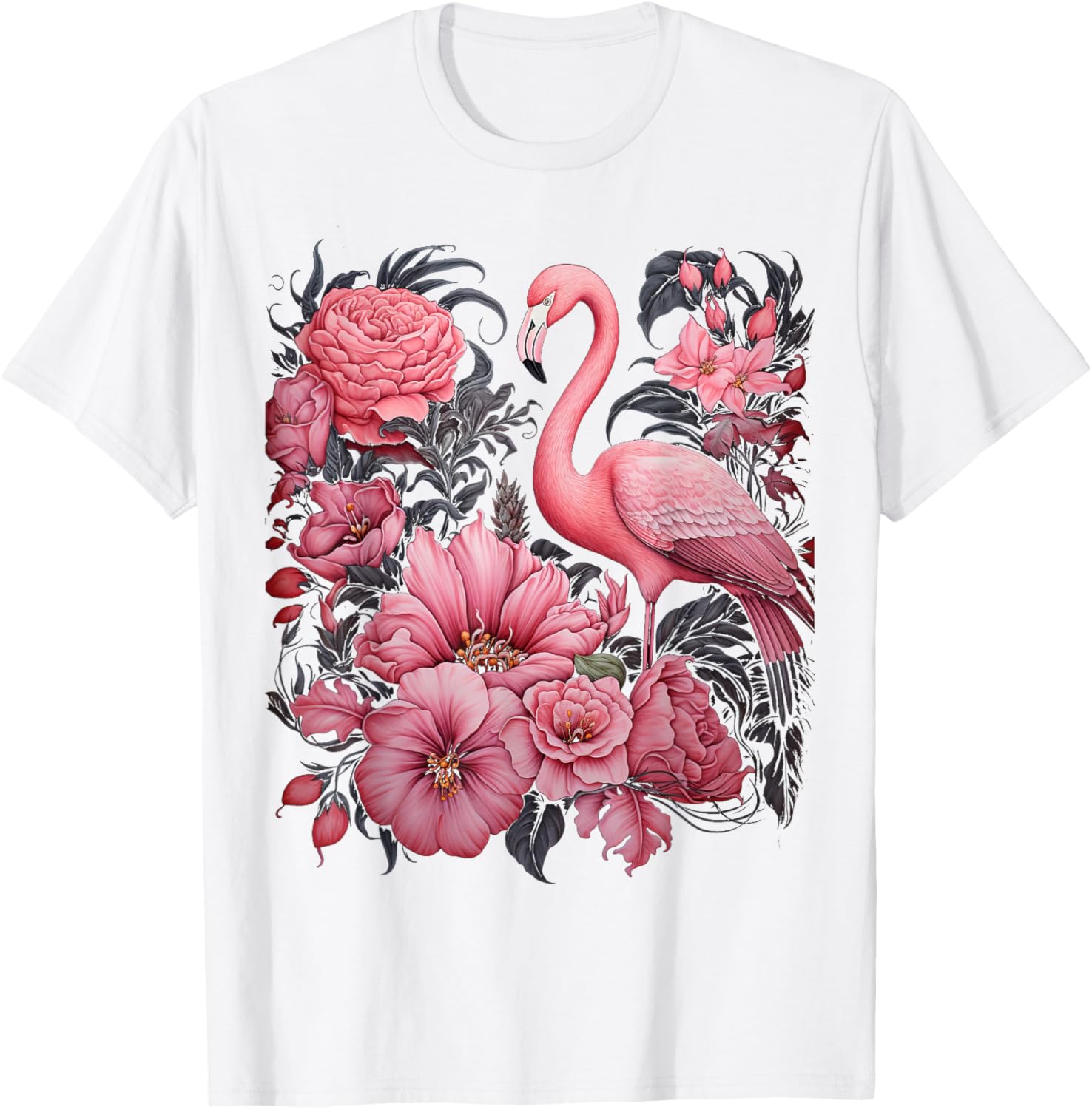 Flamingo and Flowers Floral Flamingos pink T-Shirt - T-Shirt | White