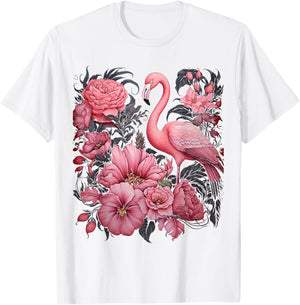 Flamingo and Flowers Floral Flamingos pink T-Shirt - T-Shirt | White