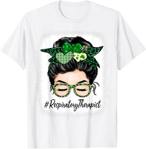 Respiratory Therapist Messy Bun St Patrick's Day Shamrock T-Shirt - T-Shirt | White