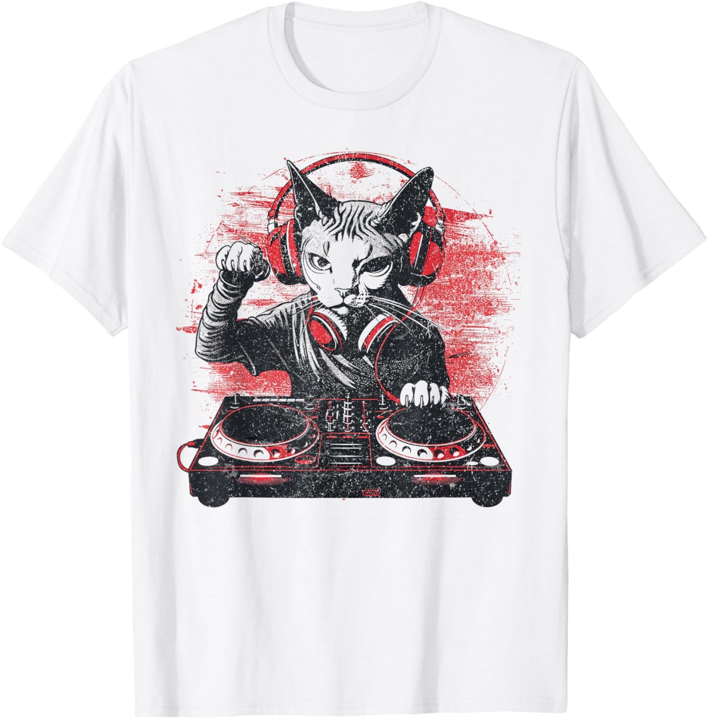 Funny Retro House DJ Sphynx Cat Disco Headphone Tech Sound T-Shirt - T-Shirt | White