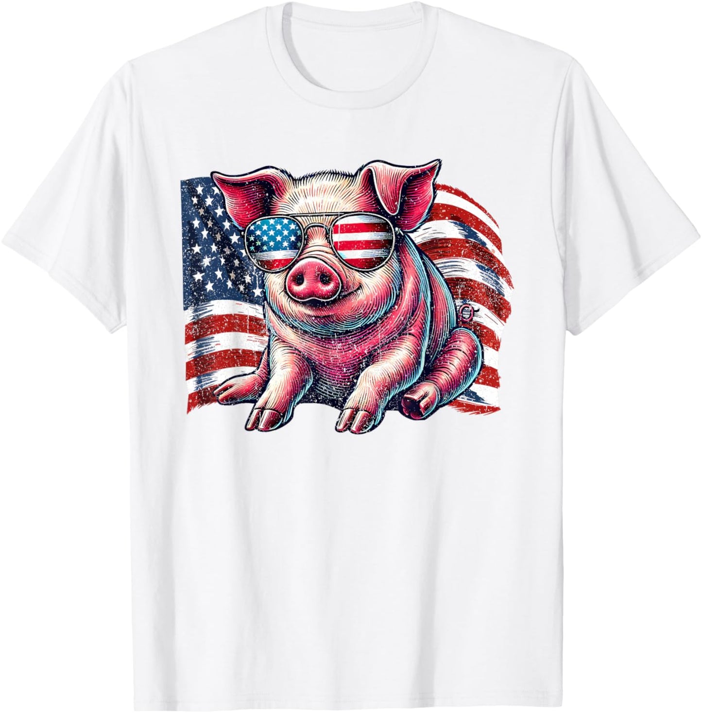 Pig Animals Lover American Flag Patriotic Sunglasses Vintage T-Shirt - T-Shirt | White